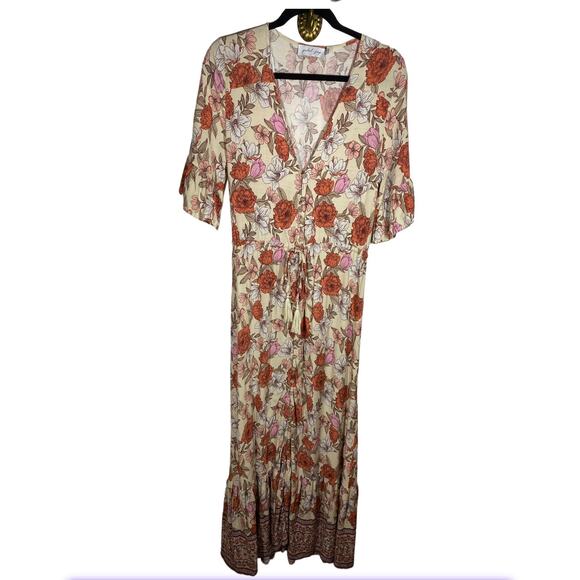Petal & Pup Fraser Floral Button Tie Maxi Dress Cream Orange Pink Womens Size 8 - Picture 2 of 6